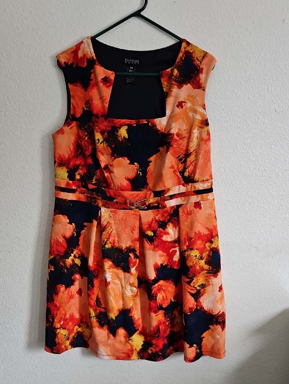 Enfocus Studio Orange & Navy Abstract Floral A-Line Dress